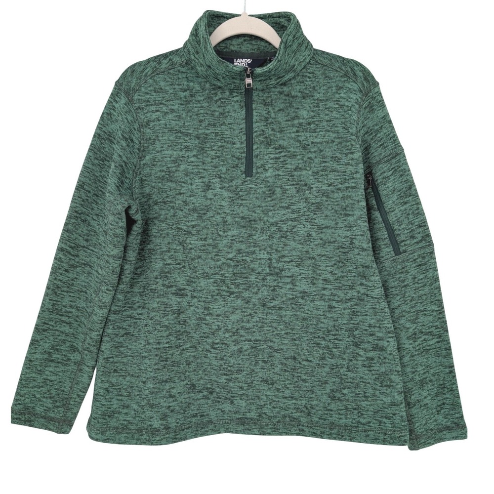 Lands' End Fleece Pullover Kids L 14-16 Green Marled 1/4 Zip Arm Pocket Outdoor